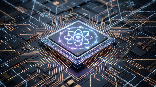 Glowing quantum atom symbol on a central computer processor chip circuit board
