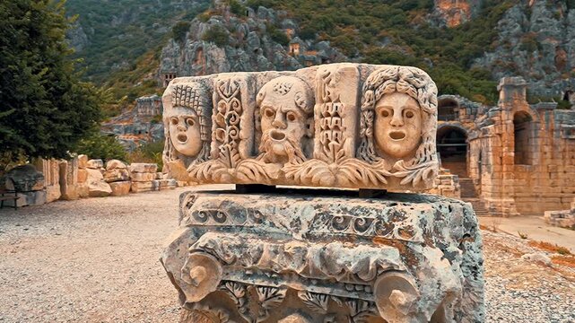 Myra Ancient City in Antalya, reveals remarkable stone face carvings among historic ruins, preserving the artistry of ancient civilizations.