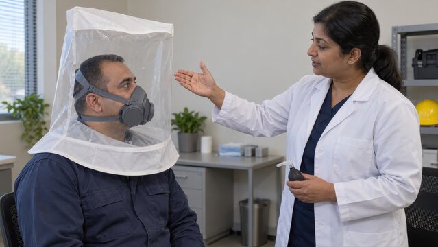 Specialist explains the space around an elastomeric respirator inside a loose qualitative fit testing hood while the seated worker listens at a workplace health station