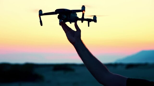 Close view of a drone taking off from a man&rsquo;s hand in slow motion. The scene highlights precision, motion, and modern aerial technology.