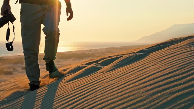 Desert sand dunes feature a photographer holding his camera while struggling to walk through the soft sand in slow motion.