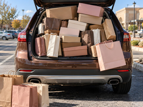 Car trunk overloaded with shopping bags and boxes in a parking lot