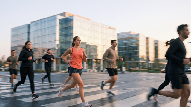 Group runners crossing city crosswalk at dawn with one sharp runner and motion blur plus top copy space, urban fitness concept