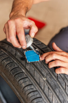 Technical repair of tubeless tire with rubber patch and vulcanizing glue