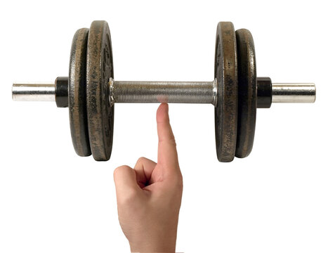 An adjustable metal dumbbell with cast-iron plates, the weight of which is supposedly supported on a single finger.