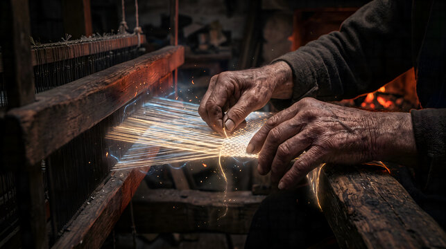 Close up elderly craftsman hands weaving glowing glowing magical threads on a wooden loom in dark workshop   