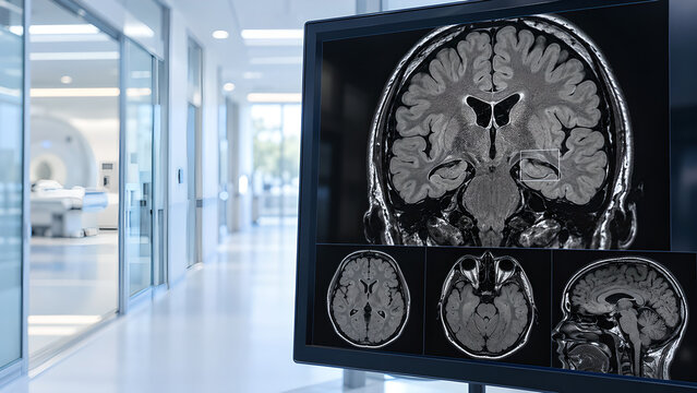 Brain MRI epilepsy radiology concept with subtle temporal lobe focus in a modern hospital setting and soft blue clinical light for neurology websites, medical education and patient awareness materials