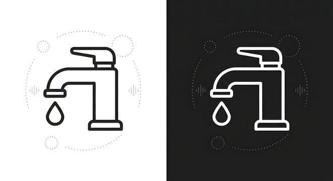 Water tap and dripping droplet line icon set vector illustration for plumbing hygiene and resource conservation concept