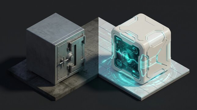 Split screen image of heavy steel bank vault versus futuristic quantum secure white vault with glowing cyan hud on dark background
