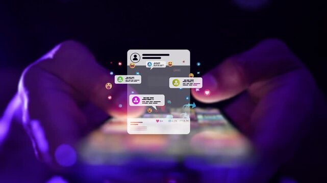 Social media comments and discussion, chat messages and emoji reactions over smartphone at night in neon light