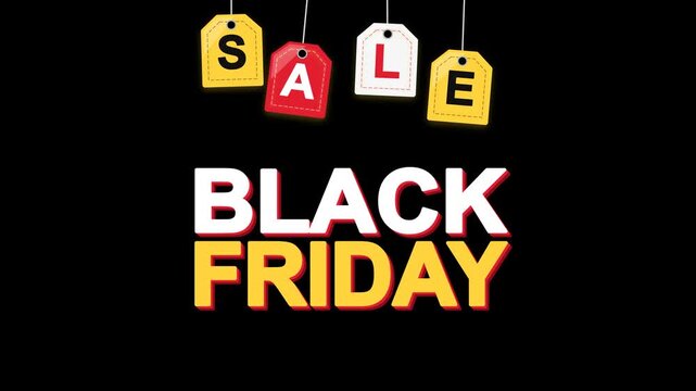 Black Friday sale animation, colorful hanging sale tags, and dynamic motion on a black background, ideal for retail promotions and shopping campaigns.