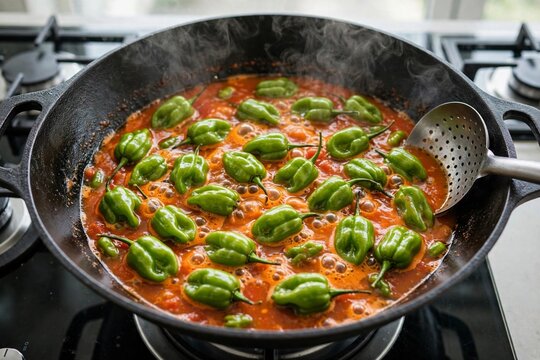Green habanero chilies cooking in cast iron wok with tomato sauce authentic Indonesian sambal process