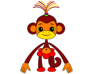 Funny cartoon monkey girl character wearing red blossom skirt and hair tie. Sweet tropical animal clipart. © Oksana