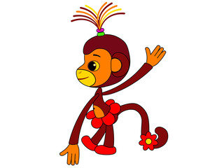 Funny cartoon monkey girl character wearing red blossom skirt and hair tie. Sweet tropical animal clipart. © Oksana