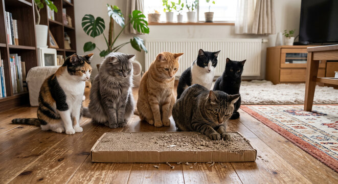 Multiple Cats Waiting to Use a Cardboard Scratching Pad at Home