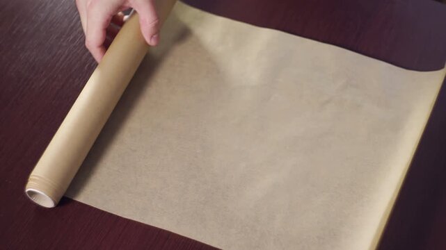Baking paper cutting scissors springform pan. Close up hands preparing pie mold.