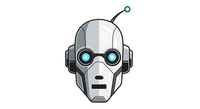 A stylized silver robot head icon with glowing blue eyes with robotic head illustration
