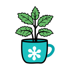Green mint plant in blue mug isolated on transparent background © Vector & PNG Studio