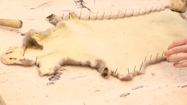 Two hands work together, one tapping pins while the other guides raw wool