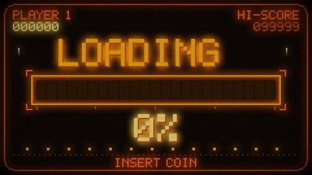 Retro pixel arcade game loading screen animation with orange progress bar and percentage loop