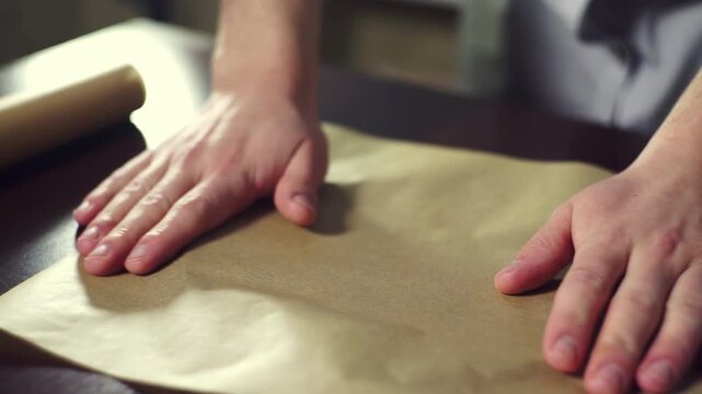 Pastry chef lining cake tin parchment. Closeup hands closing springform pan.