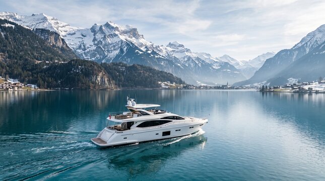 Luxury yacht on a Swiss alpine lake with stunning snow-covered Alps in the background.