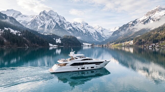 Luxury yacht on a Swiss alpine lake with stunning snow-covered Alps in the background.