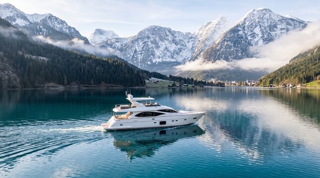 Luxury yacht on a Swiss alpine lake with stunning snow-covered Alps in the background.