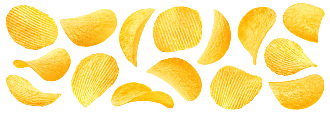 potato chips isolated on white background, clipping path, full depth of field