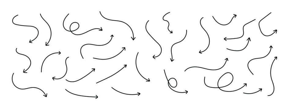 Hand drawn curved line arrows set, wavy doodle directional arrow collection for graphic design and infographic presentation