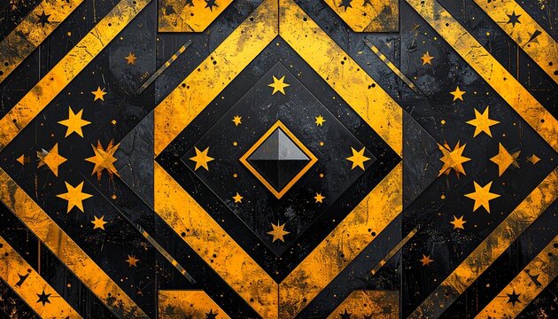 Abstract geometric background with yellow stars on a textured black surface featuring layered diamond shapes and a dark metallic center piece.