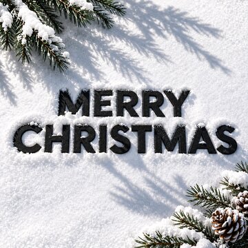 Black merry christmas text embedded in fresh snow with evergreen pine branches and cones