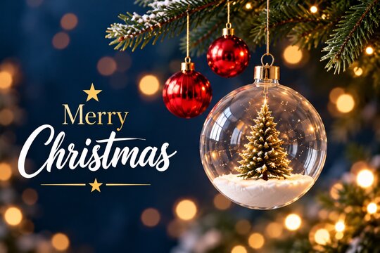 White merry christmas script text beside a clear glass bauble containing a small golden festive