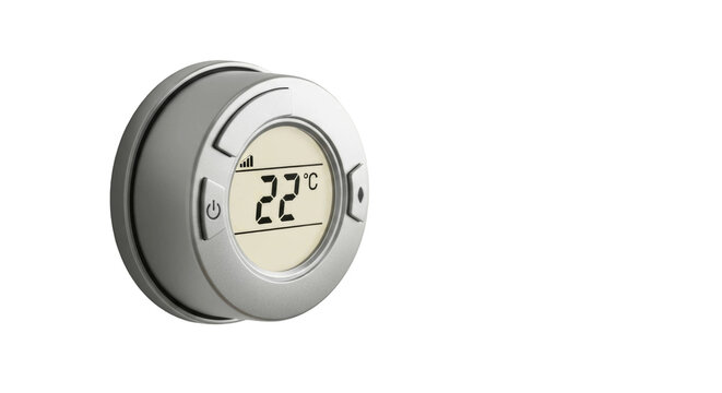 Modern silver digital thermostat displaying twenty two degrees celsius on a white background