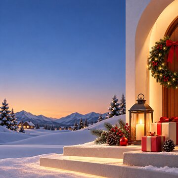 Cozy winter porch scene featuring a glowing lantern and wrapped presents near a pine wreath