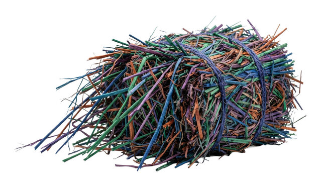 Small decorative bundle of colorful dyed raffia straw tied with a matching rustic twine string
