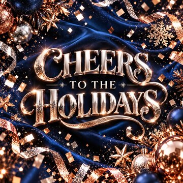 Cheers to the holidays typography on blue velvet background with confetti
