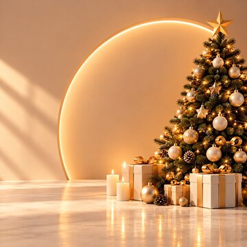 Illuminated christmas tree with gold gifts and candles on marble floor