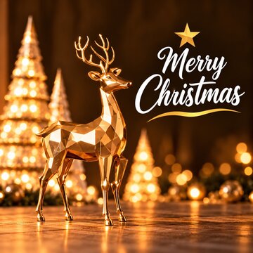 Golden reindeer figurine with merry christmas text and glowing trees