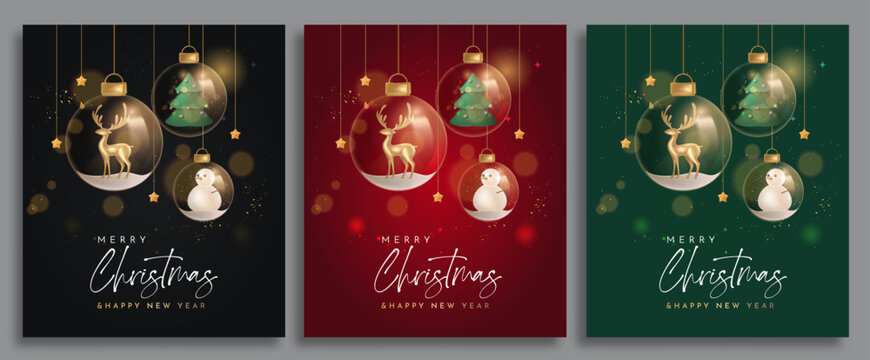 Christmas Greeting Poster Set with Hanging Glass Baubles, Festive Ornaments and Glowing Holiday Lights . Editable Vector Illustration