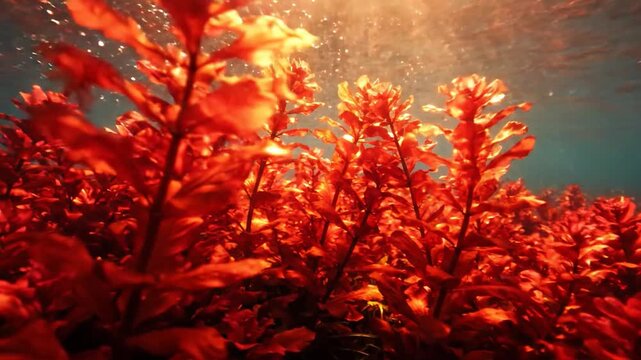 Underwater scene with vibrant red seaweed and sun rays filtering through the water surface