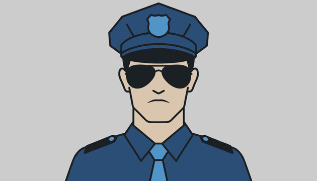 Close up portrait of a serious male police officer wearing a dark blue uniform, professional cap, and black sunglasses.