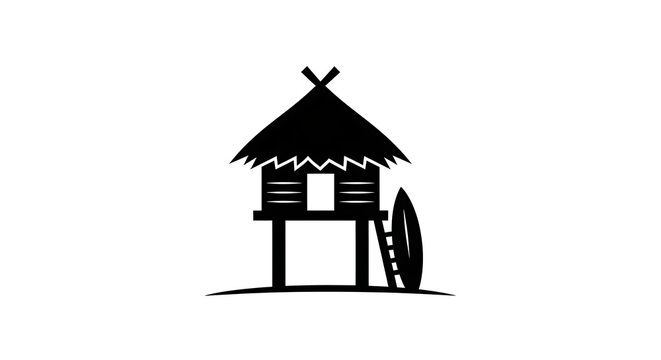 Black silhouette icon of a wooden beach hut with surfboard
