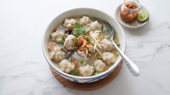 Traditional Indonesian tekwan, savory Palembang fish ball soup topped with dried shrimp, glass noodles, jicama, and mushrooms in a ceramic bowl on a marble table.