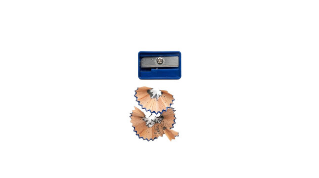 Blue manual pencil sharpener with wooden shavings isolated on a clean white background surface