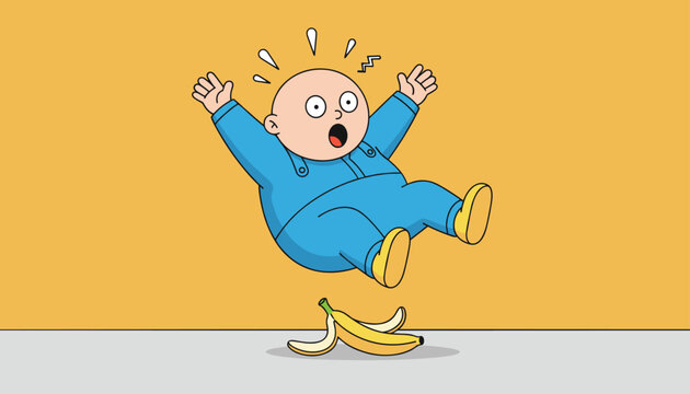 Surprised baby wearing blue pajamas slipping on a banana peel and falling backwards on yellow background.