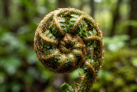 Unfurling fern frond in a damp forest