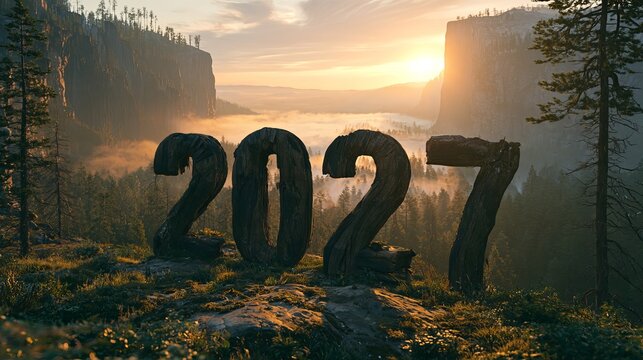 Wooden number 2027 silhouette stands prominently before a stunning mountain landscape, representing a new year's hopeful concept