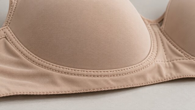 Close view of continuous stitching along the curved cup and lower band join of an unworn opaque everyday bra prepared for retail garment construction guidance