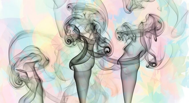 Abstract flowing smoke plumes with colorful pastel watercolor background textures